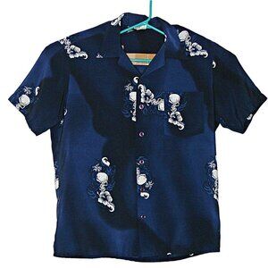 Kennington Ltd Hawaiian Skull Floral Button-Up Shirt Mens Blue & White Size Lg